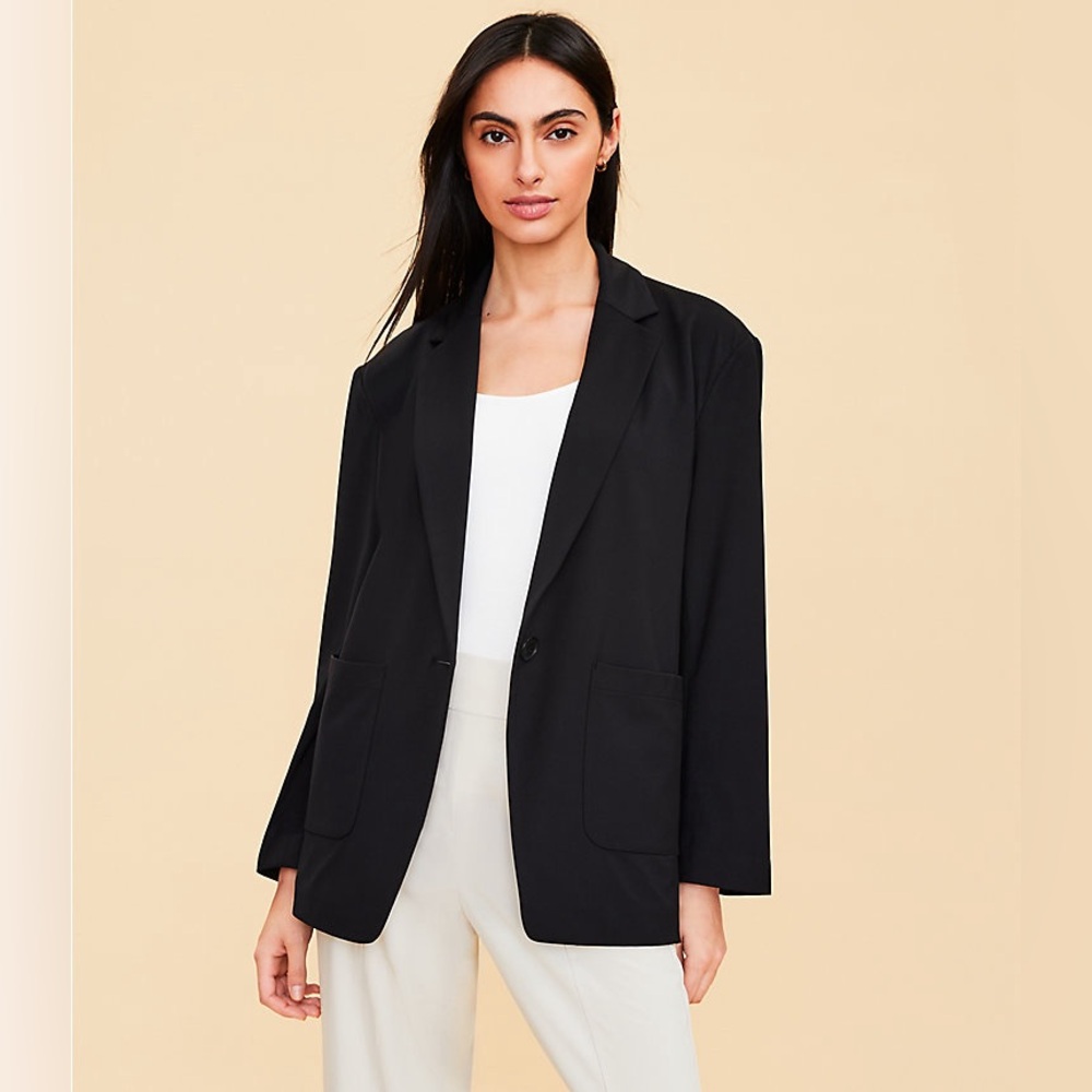 LOFT Womens Navy Blue Open Front Blazer Notched Lapel Cuffed Sleeve Size 6